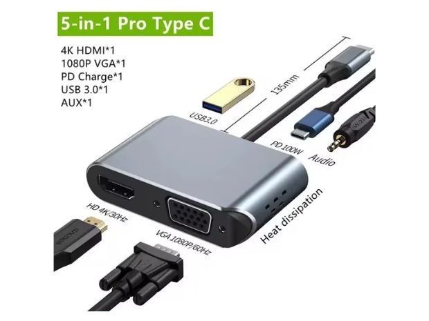 &u++ HUB TIPO C + HDMI + VGA + USB 2.0 X 2+ PLUG + PD HC-11